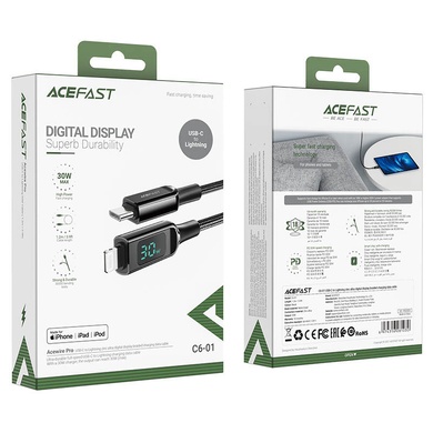 Дата кабель Acefast MFI C6-01 USB-C to Lightning zinc alloy digital display braided (1.2m) Black
