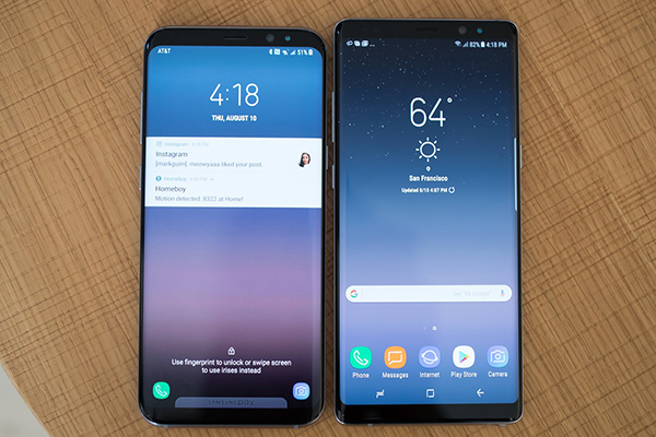 Сравнение двух смартфонов на фото Samsung Galaxy Note 8 и Galaxy S8